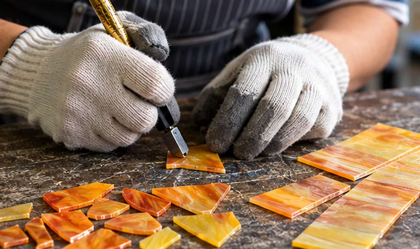 Cutting coloured glass by hand with a glass cutter along a template