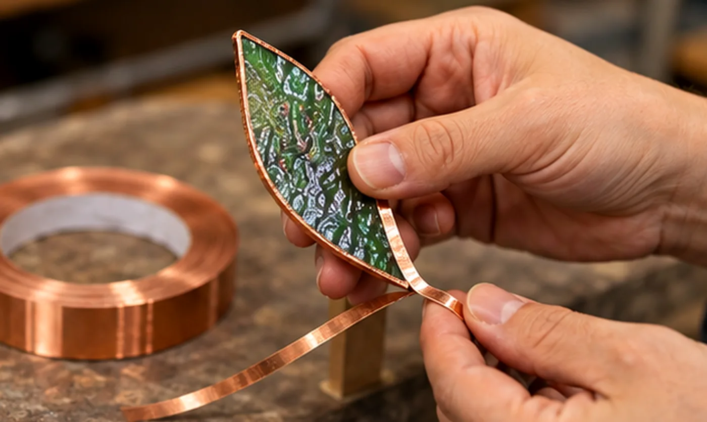 Wrapping the edge of a glass piece in adhesive copper foil